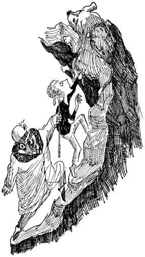 A black and white drawing of the Humbug, Milo and Tock from the Phantom Tollbooth climbing a steep incline. A black and white drawing of the Humbug, Milo and Tock from the Phantom Tollbooth climbing a steep incline.