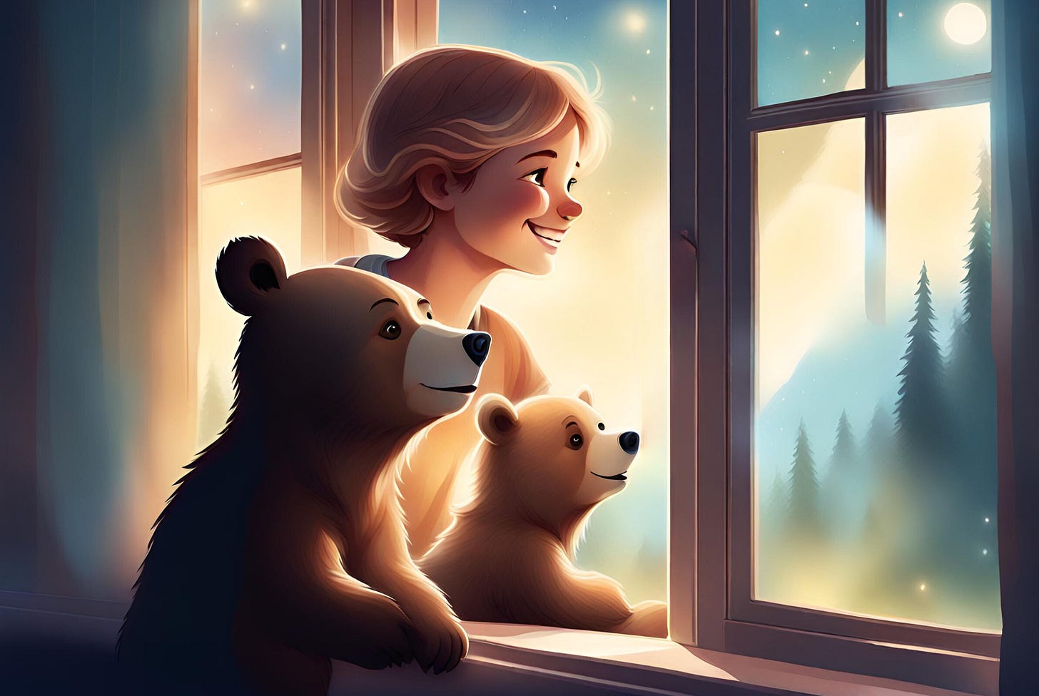 Illustration of a happy person with two happy bear cubs