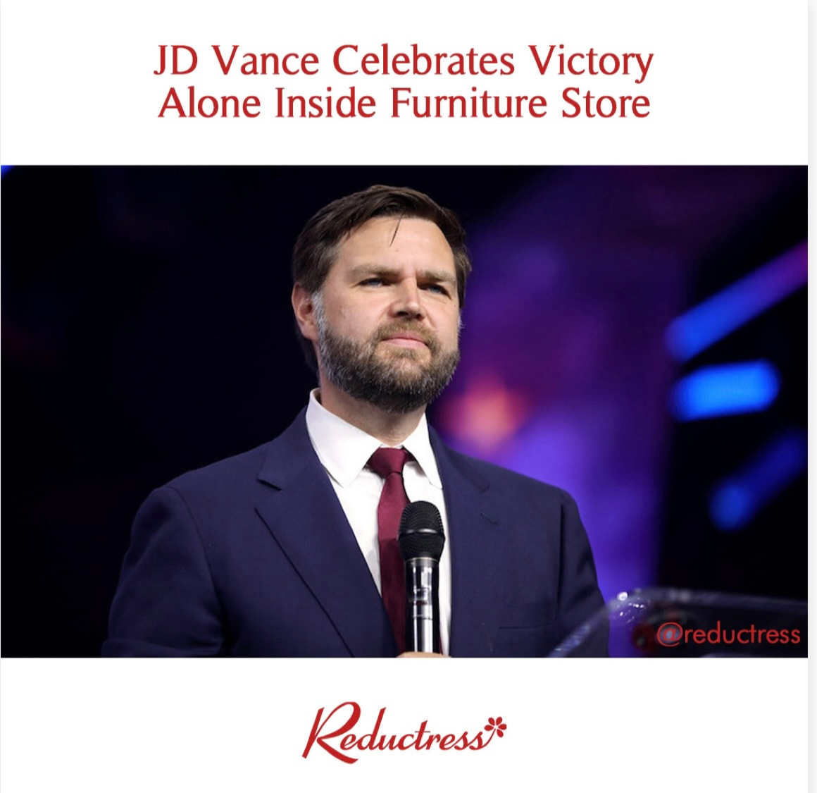 Image of JD Vance captioned JD Vance Celebrates Victory Alone Inside Furniture Store