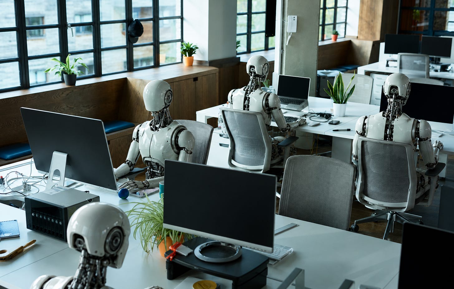 Humanoid robots sit at office desks in front of switched-off computer screens. Humanoid robots sit at office desks in front of switched-off computer screens.