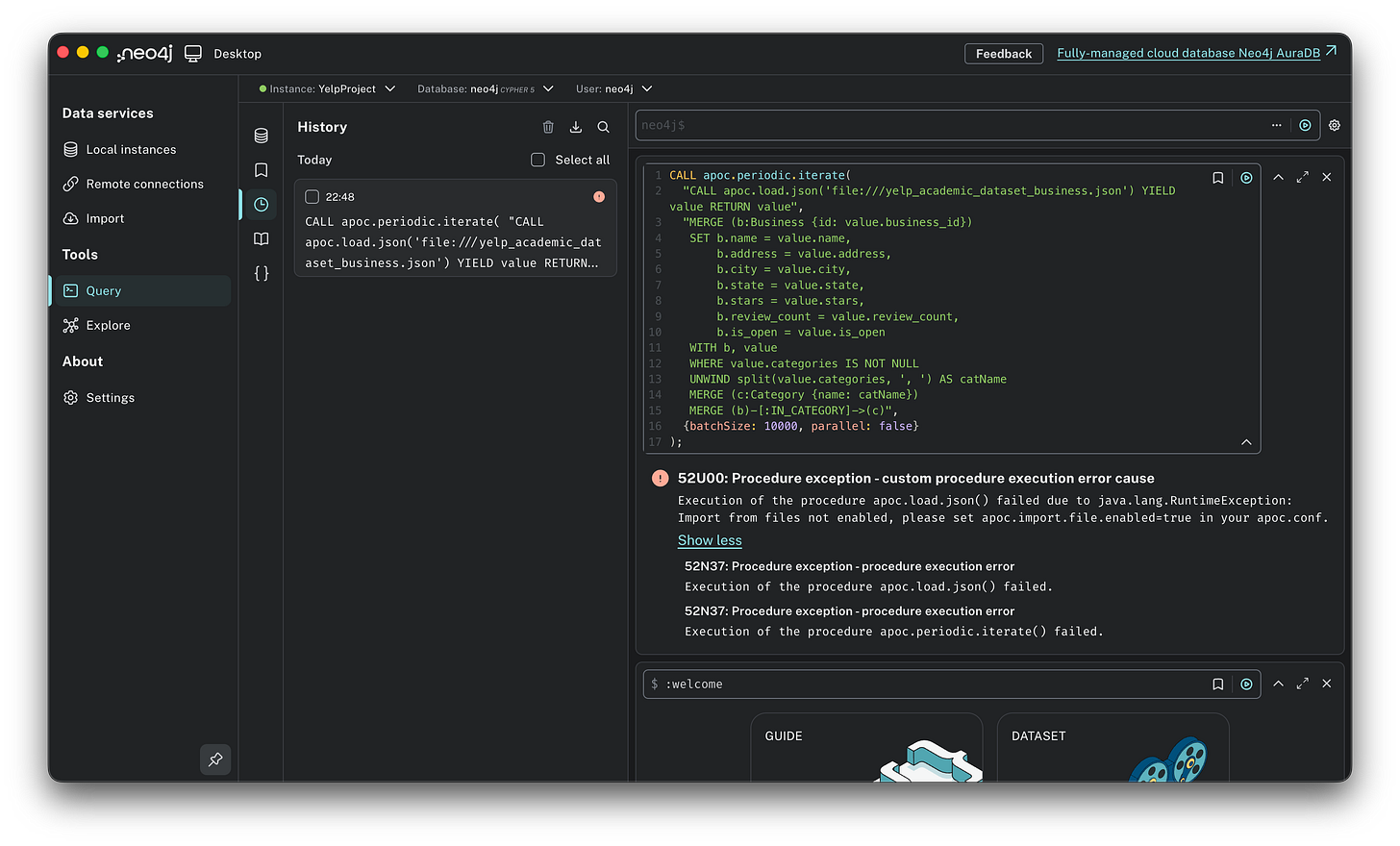 A screenshot of the Neo4j Desktop interface showing a failed Cypher query execution. The red error message explicitly states "Import from files not enabled" and instructs the user to set apoc.import.file.enabled=true in their apoc.conf, highlighting the default security restriction.