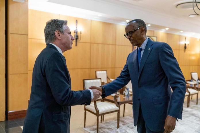 US Secretary of State Antony Blinken meets with Rwandan President Paul Kagame at the Presidents Office in Urugwiro Village in Kigali, Rwanda, on August 11, 2022. US Secretary of State Antony Blinken meets with Rwandan President Paul Kagame at the Presidents Office in Urugwiro Village in Kigali, Rwanda, on August 11, 2022.