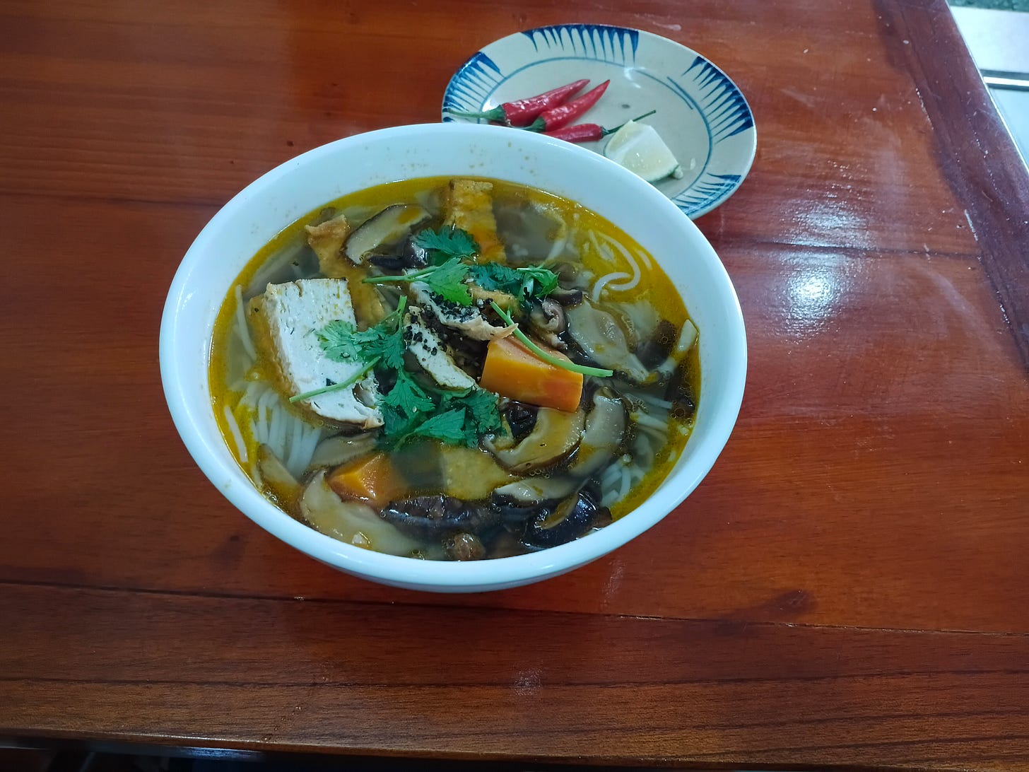 bowl of hot broth, tofu and noodles and herbs
