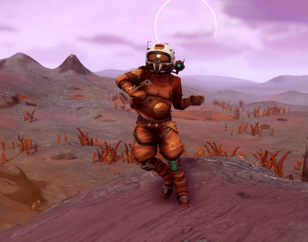 a gif of a character in No Man's Sky doing the celebration dance, paired with a photo of Teeter with a bright green XBox controller