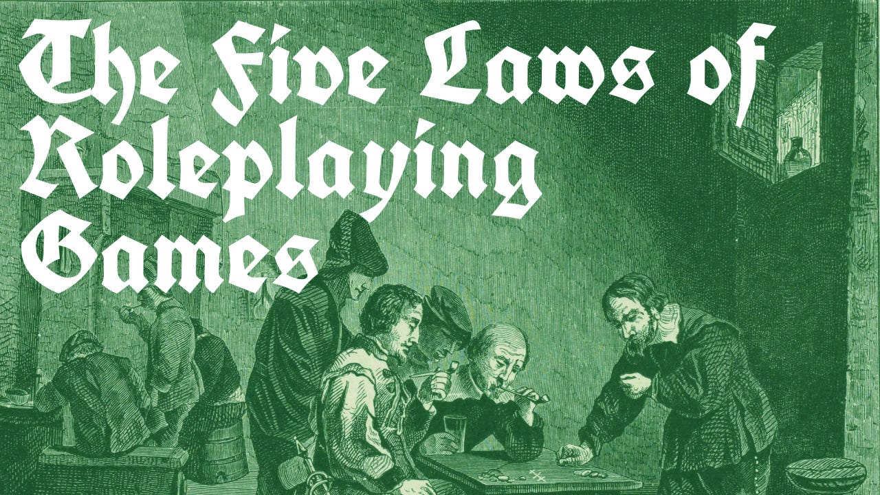 The title 'The Five Laws of Roleplaying Games' set over an old engraving of a group of people playing a dice game around a table.