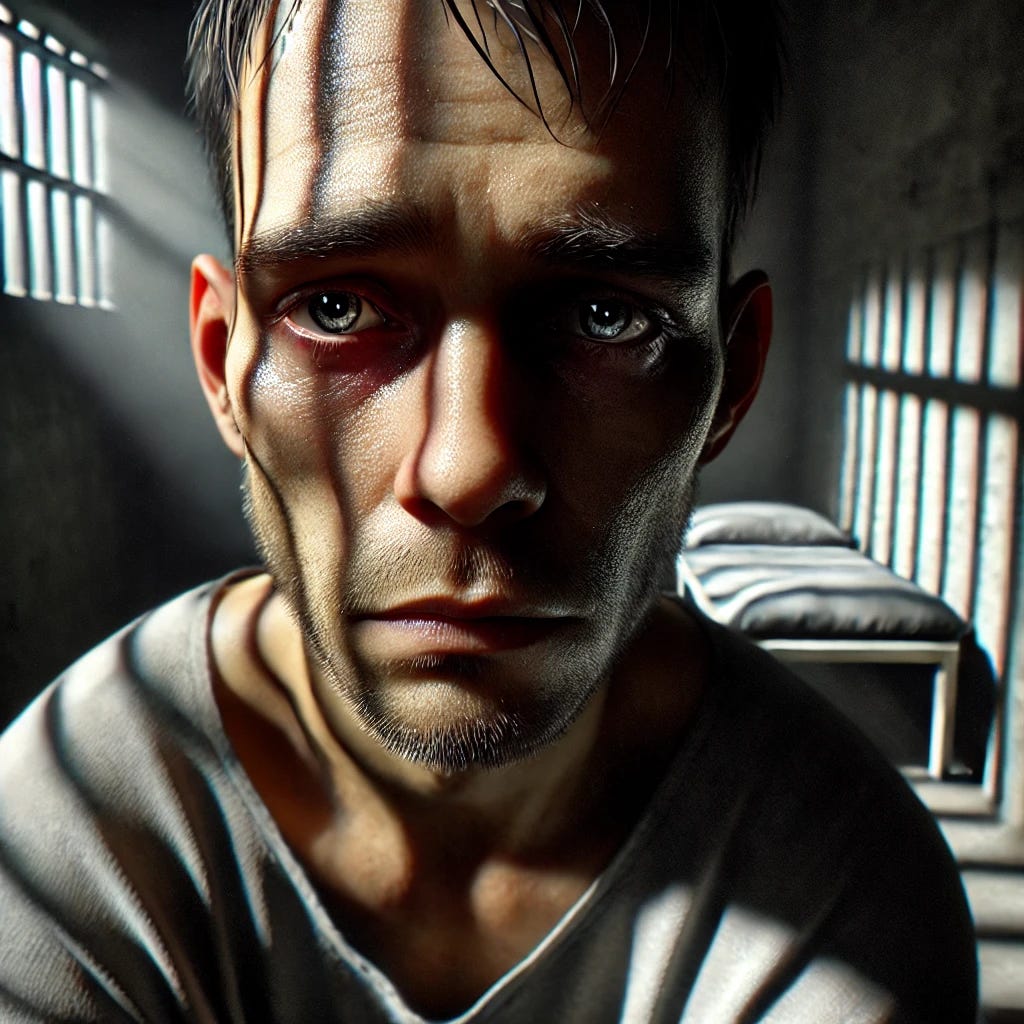A hyper-realistic close-up portrait of a solitary prisoner sitting on a metal bed in a desolate prison cell. Their face is weary, with deep-set eyes filled with sadness and despair. Harsh light from a small barred window casts heavy shadows, emphasizing the exhaustion and loneliness etched into their expression. The walls are cracked concrete, and the air feels suffocating with isolation. The focus is on the raw emotion in their face, making the weight of their solitude undeniable.