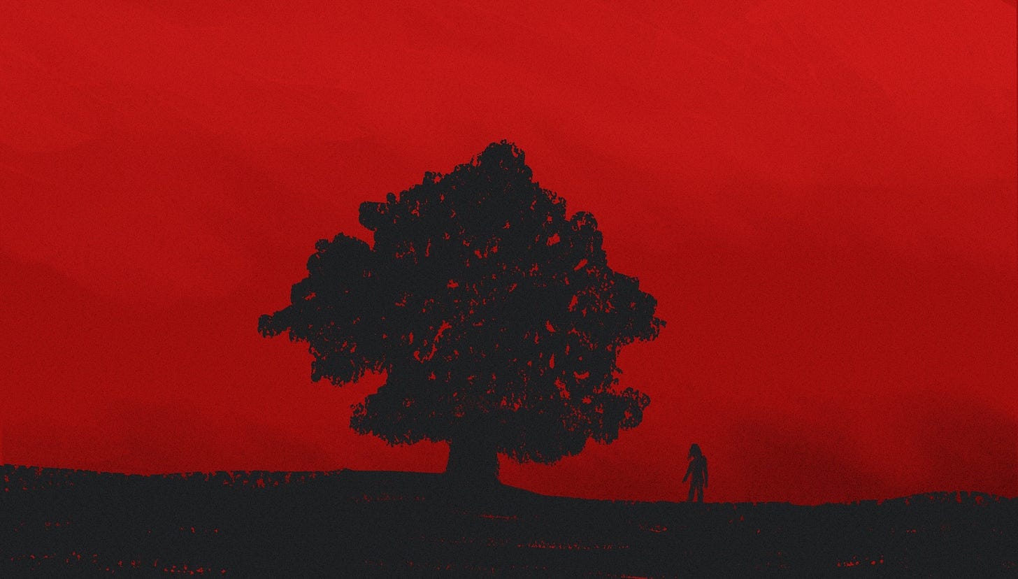illustration of a dark figure standing by a tree with a red sky