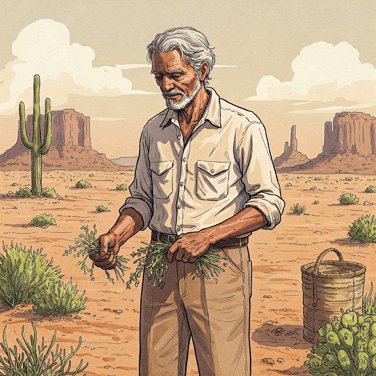 Elderly faith healer gathering cacti herbs.