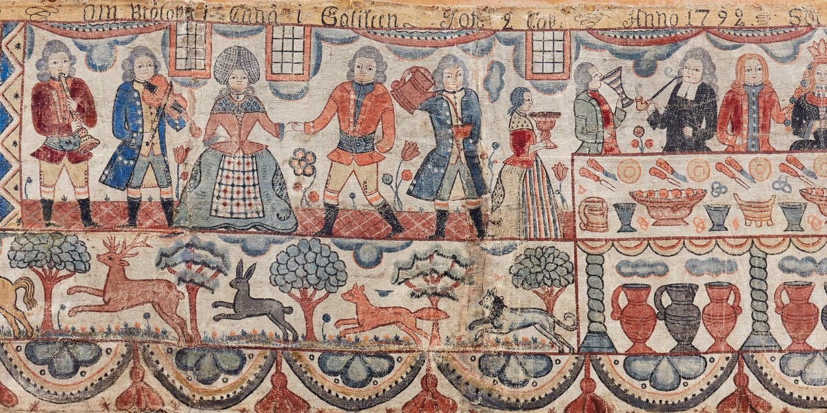 Johannes Nilsson (1757-1827), house painting, allmoge, Halland, dated 1792. Photo © Uppsala Auktionskammare (detail)
