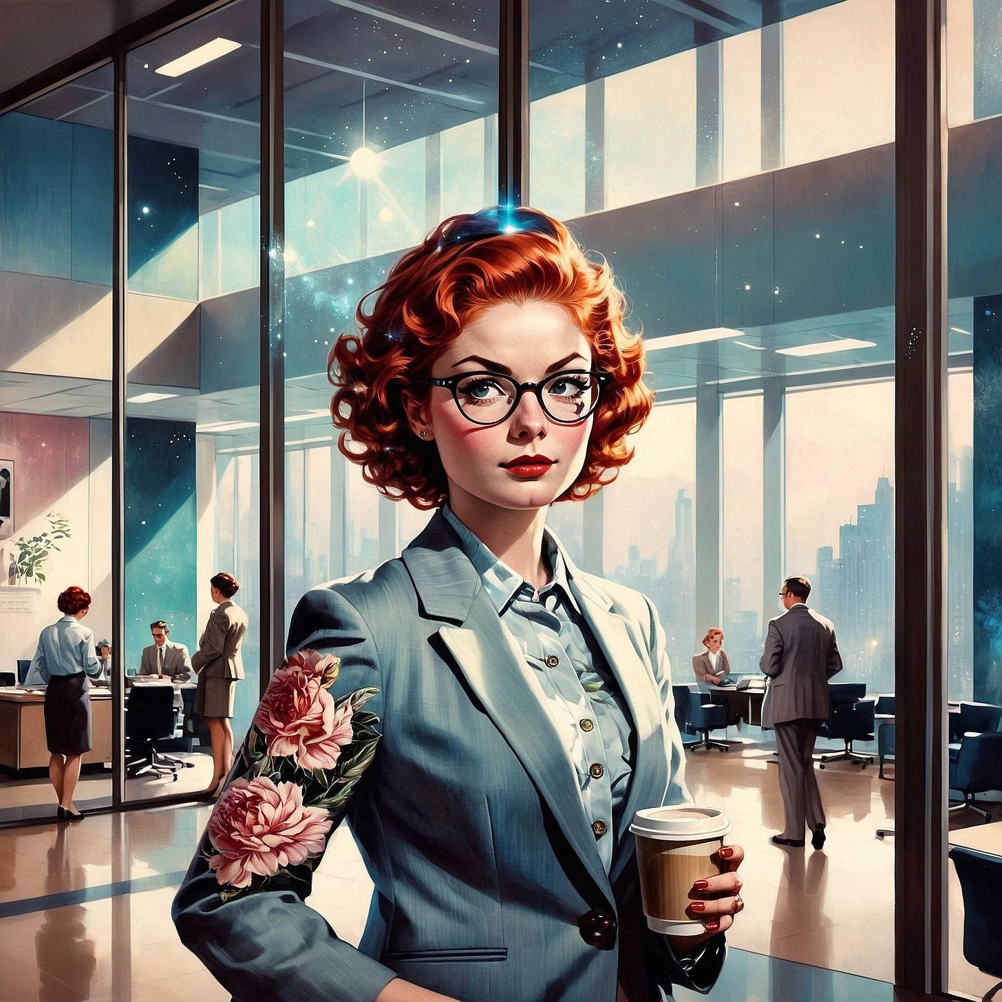 Stylized digital illustration of a confident red-haired woman in a pale blue business suit standing in a modern high-rise office. She wears glasses and holds a coffee cup, with large peony flowers embroidered on her blazer sleeve. The background features a spacious, sunlit office with floor-to-ceiling windows, city skyline views, and coworkers engaged in quiet conversations. The overall tone blends mid-century fashion with a futuristic, dreamlike ambiance. Stylized digital illustration of a confident red-haired woman in a pale blue business suit standing in a modern high-rise office. She wears glasses and holds a coffee cup, with large peony flowers embroidered on her blazer sleeve. The background features a spacious, sunlit office with floor-to-ceiling windows, city skyline views, and coworkers engaged in quiet conversations. The overall tone blends mid-century fashion with a futuristic, dreamlike ambiance.