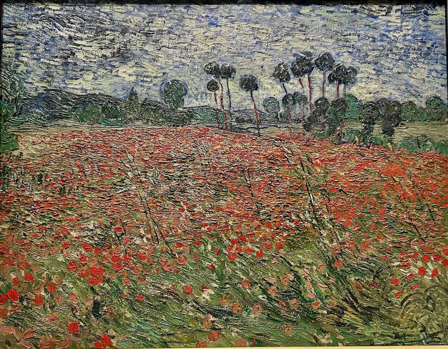 Painting of landscape with poppies in foreground by Vincent van Gogh called The Poppy Field made in 1890 seen at the Royal Academy in 2025 and photo taken by Yasmin Chopin Painting of landscape with poppies in foreground by Vincent van Gogh called The Poppy Field made in 1890 seen at the Royal Academy in 2025 and photo taken by Yasmin Chopin
