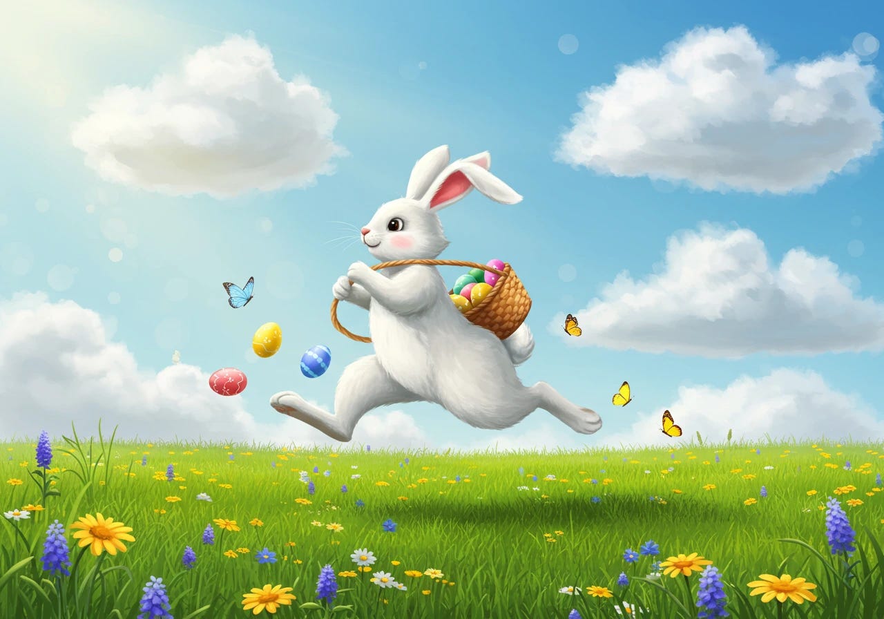 The easter bunny hopping in a green grassy field
