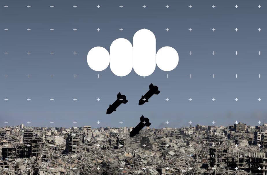 Gaza reduced to a grey hellscape seen through an augmented reality lens with ChatGPT's Voice Mode icon indicating the calculation of next-target predictions.
