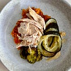 Rotisserie chicken with mashed sweet potato & zucchini rounds