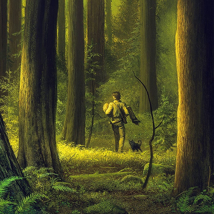 LEFT: Detail from THE CLEARING featuring Roland carrying the body of a boy through a patch of golden light filtered through a canopy of tall trees. Oy the billybumbler follows close at his side. RIGHT: Close detail from THE CLEARING featuring Roland carrying the body of a boy with a small canine creature following him into the gold and green ancient forest.