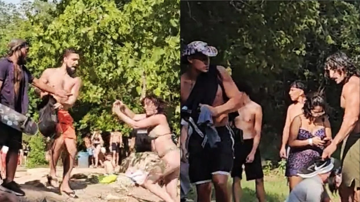 Composite image showing two groups of shirtless men involved in a physical altercation at Barton Springs. In the left panel, a man lunges at a woman holding a phone; in the right, several shirtless men stand or walk near bystanders. Trees and beachgoers are visible in the background. Composite image showing two groups of shirtless men involved in a physical altercation at Barton Springs. In the left panel, a man lunges at a woman holding a phone; in the right, several shirtless men stand or walk near bystanders. Trees and beachgoers are visible in the background.