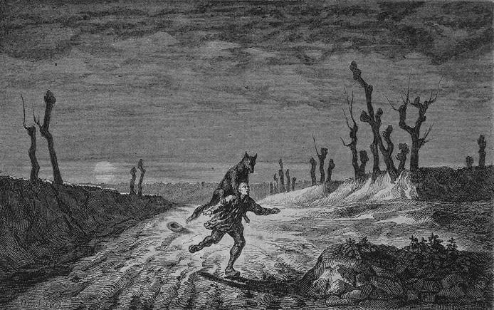 A nineteenth-century werewolf illustration after Maurice Sand. A nineteenth-century werewolf illustration after Maurice Sand.