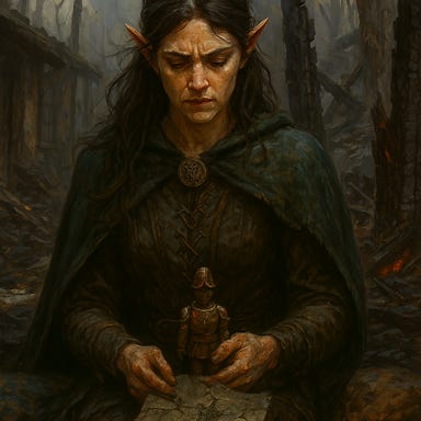 Silverleaf, visually inspired by Tatiana Maslany but reimagined as an elf, stands amid the burned remains of her childhood home. Her pointed ears peek through singed strands of hair, and her eyes glow faintly with elven magic and sorrow. The charred wooden beams rise like skeletal fingers around her, and ash drifts through the air like falling snow. She wears a travel cloak singed at the edges, and her clan's crest—now cracked—hangs from a chain around her neck. In the background, the forest looms, its trees blackened and silent. The atmosphere is mournful, mythic, and steeped in memory—capturing the moment Silverleaf returns to the place where protection once lived and was lost.