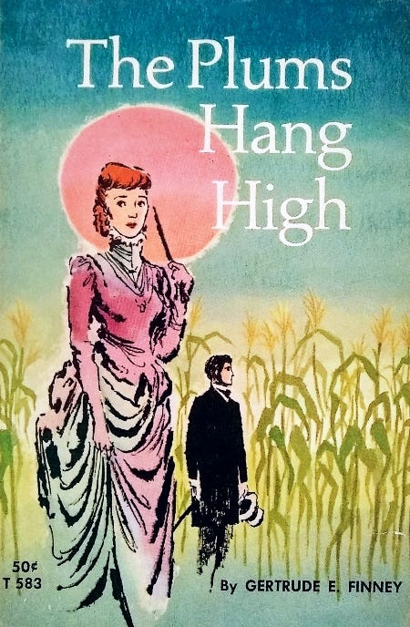 Illustrated book cover shows a concerned, redheaded woman wearing a fancy vintage dress and holding a parasol, standing on farmland while a well-dressed man stands in the background