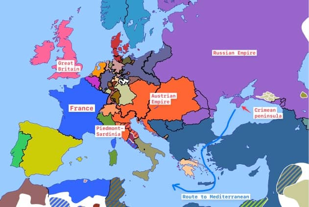 Europe, 1853: Showing protagonists of the Crimean War and the route from the Crimean peninsula into the Mediterranean.