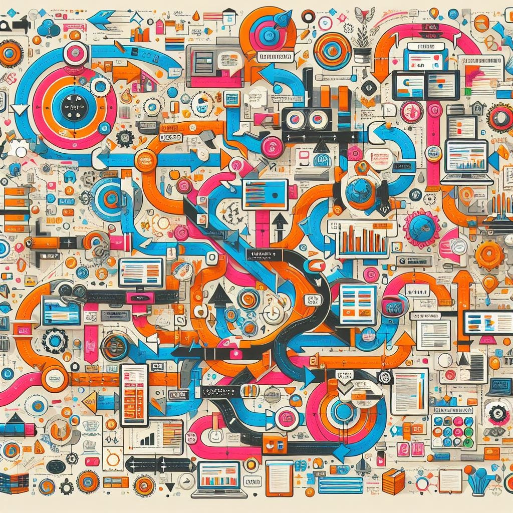 An AI generated image of an overly complex work process chart 