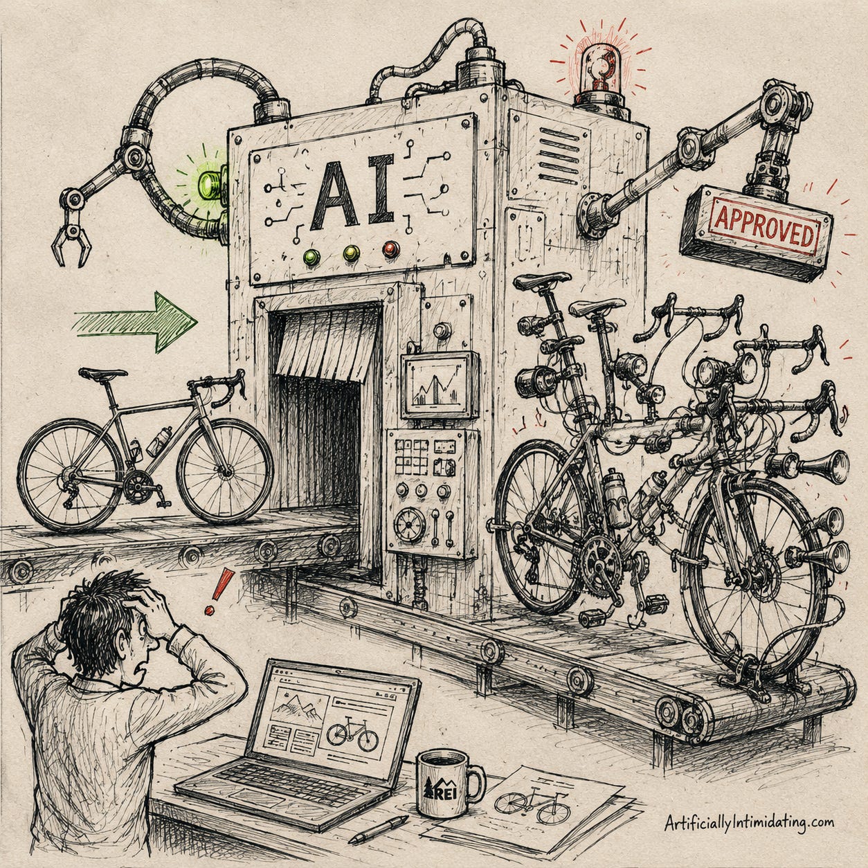 AI Created A hand-drawn editorial sketch shows a normal bicycle rolling into a giant AI-powered repair machine on a conveyor belt. The bike emerges with two sets of handlebars, extra brake systems, impossible geometry, and random mechanical parts while a horrified marketing manager watches. A robotic arm proudly stamps the mangled bicycle "Approved," highlighting AI's tendency to confidently make nonsensical changes.
