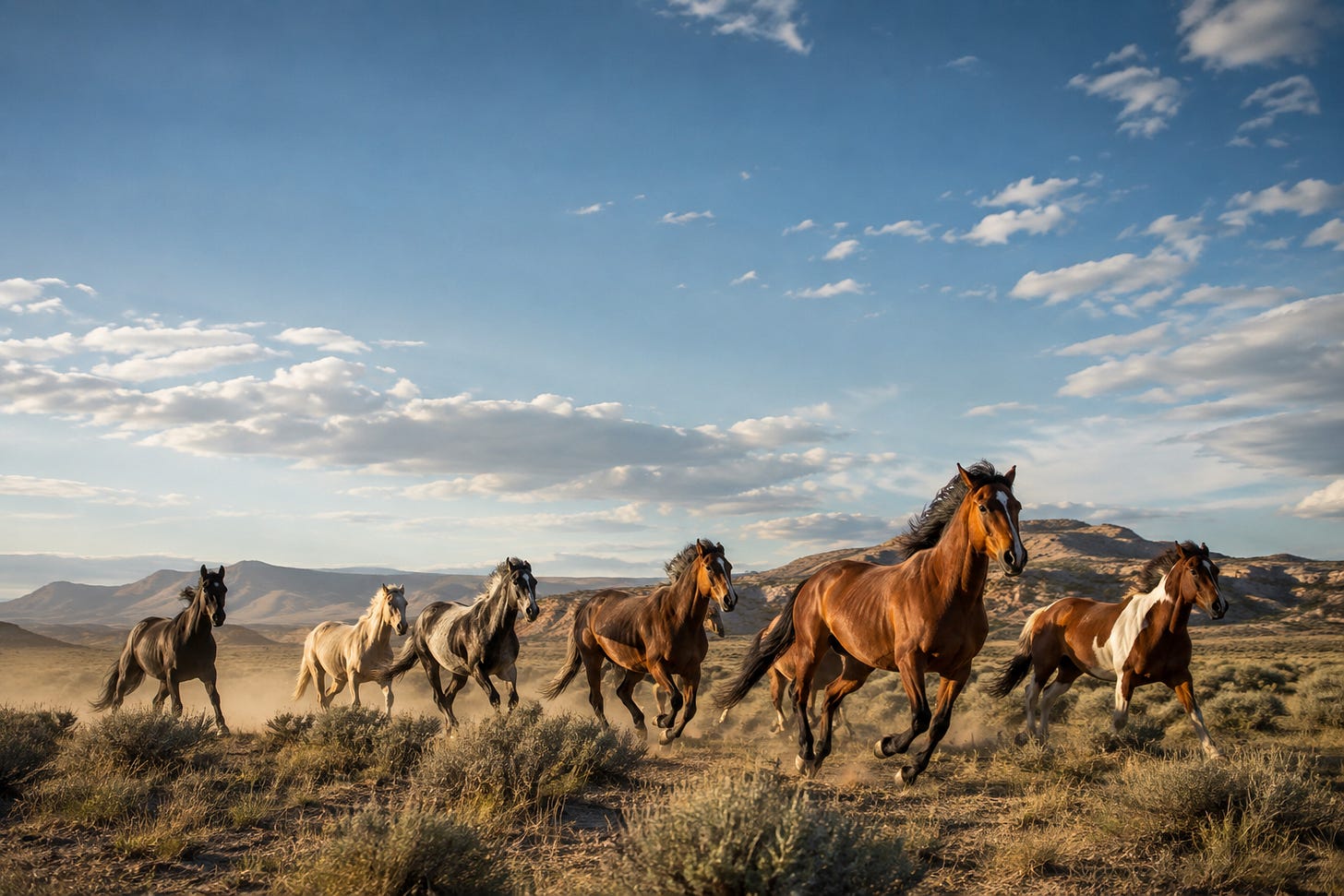 A herd of wild horses gallops across dry Western rangeland beneath a wide blue sky, kicking up dust as they run through sagebrush with distant hills and mountains behind them.