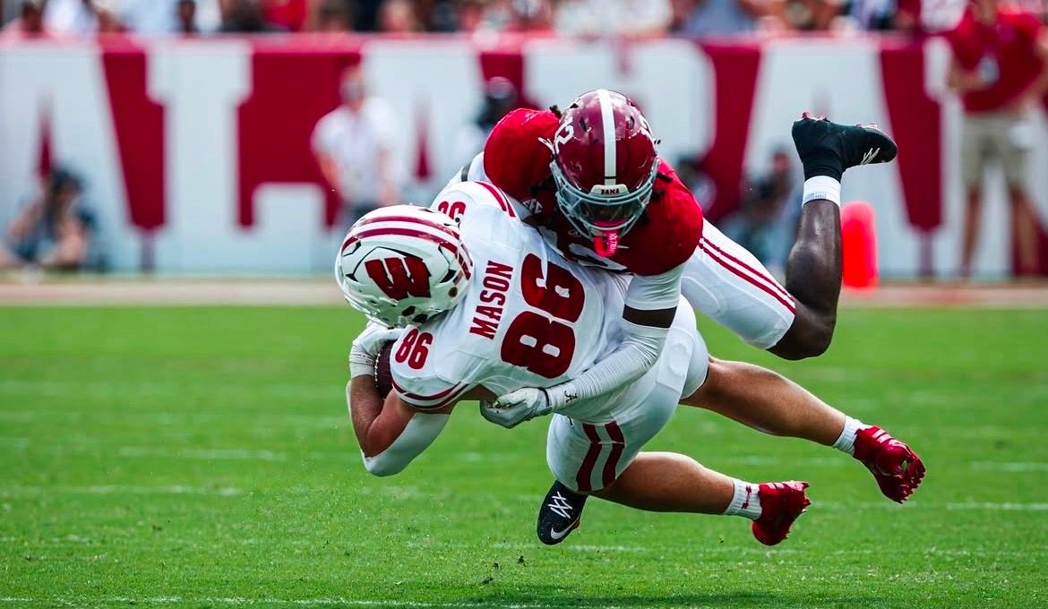 Wisconsin Badgers tight end Lance Mason is tackled by an Alabama defender during a road game in Tuscaloosa. Wisconsin Badgers tight end Lance Mason is tackled by an Alabama defender during a road game in Tuscaloosa.