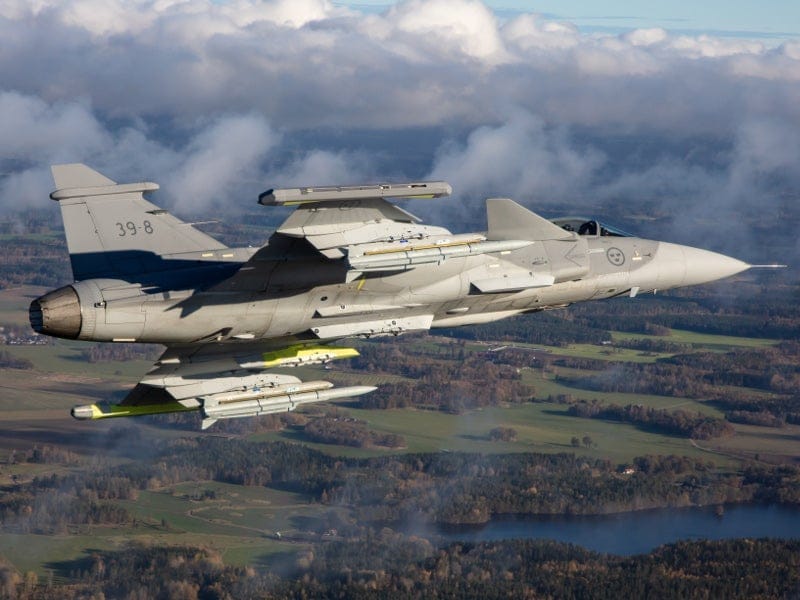 Saab Gripen E in flight at low altitude