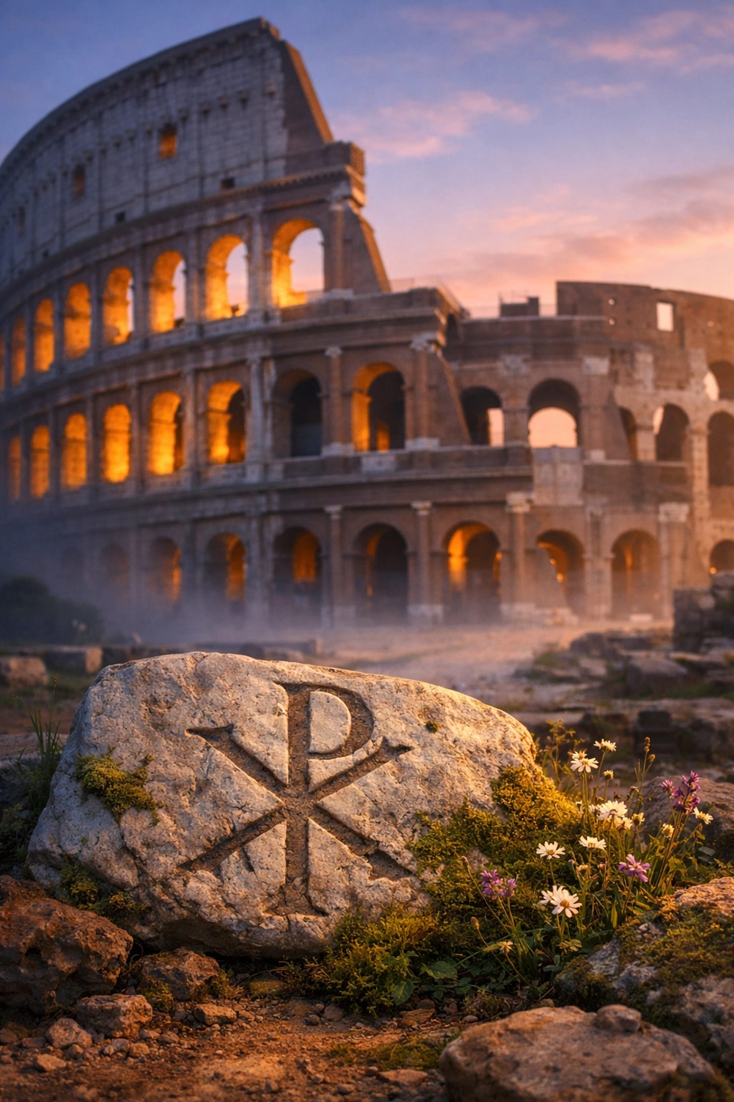 Chi-Rho symbol amidst Roman ruins at dawn, illustrating the Christian transformation of Western culture | Dr. Marcus Peter