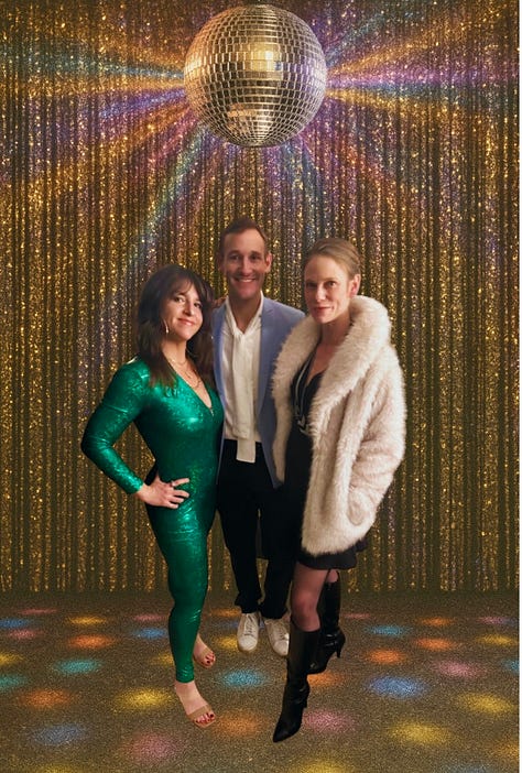 Photos of Meg & Ryan in the palm trees, at Charlize Theron's studio 54 themed house party, at a concert, at The Magic Castle where Meg wears a red sequin gown