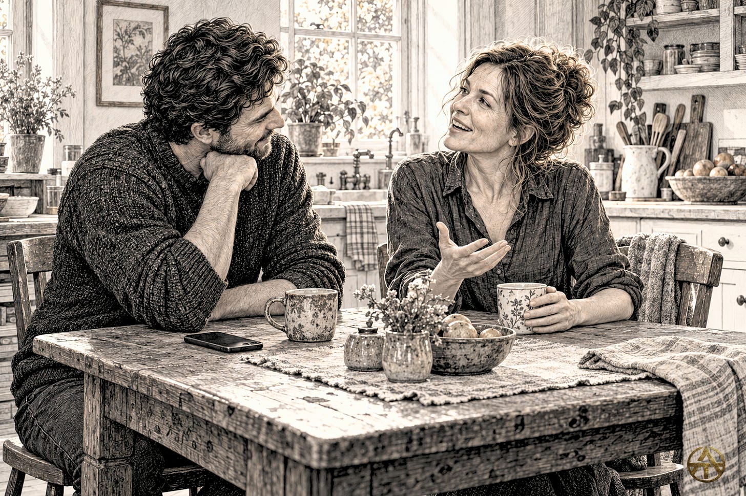 At a kitchen table, a husband listens as his wife speaks and gestures, his phone lying face down beside him.