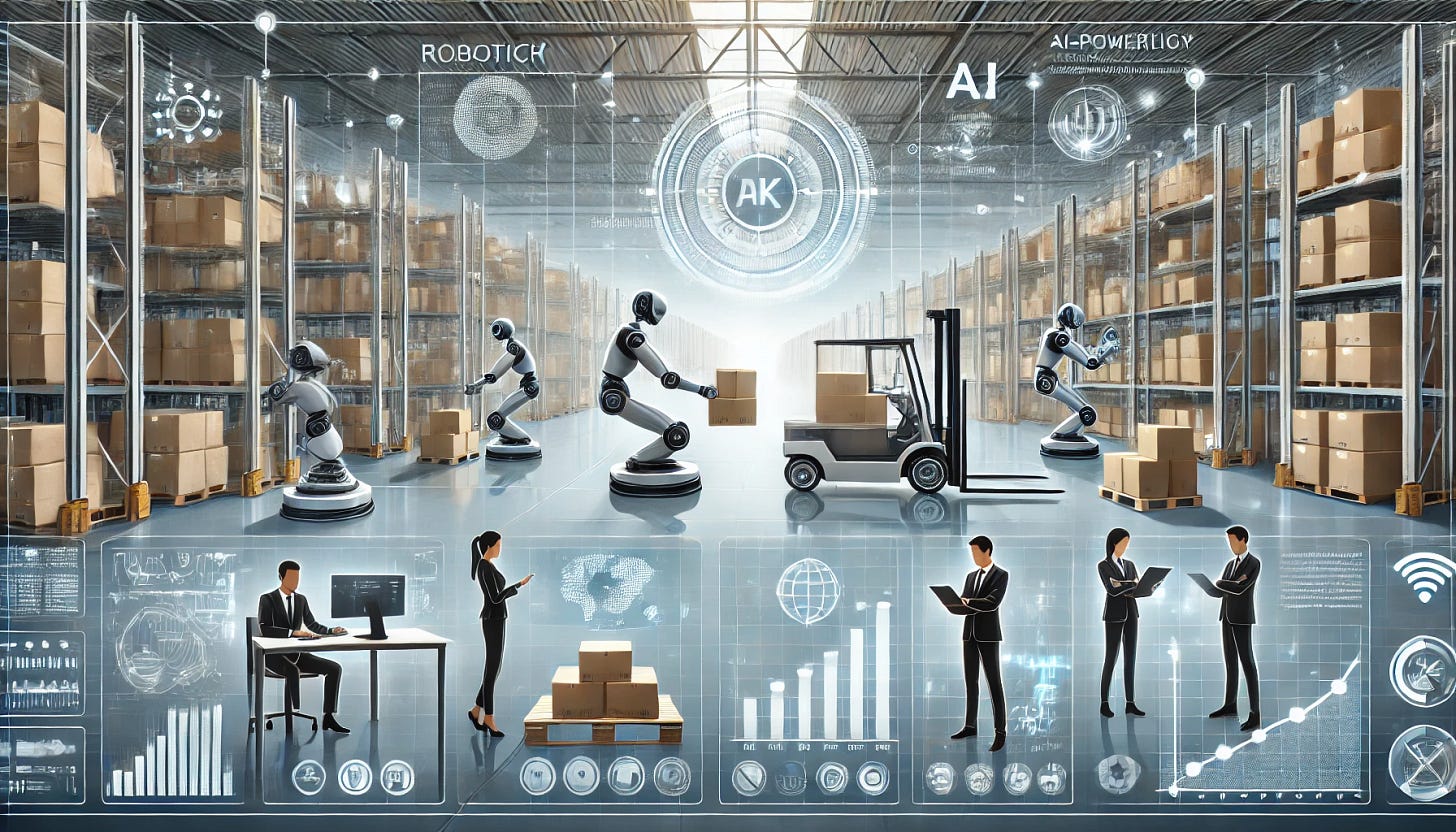 A professional and visually appealing horizontal illustration representing the automation of retail warehousing, focused on RoboTech Solutions. The image includes robotic systems working in a modern warehouse environment, highlighting AI-powered robots moving goods, automated inventory management systems, and digital charts depicting growth metrics. A diverse group of investors is shown analyzing these elements on a futuristic digital interface. The style is clean and modern, emphasizing innovation, technology, and logistics growth.