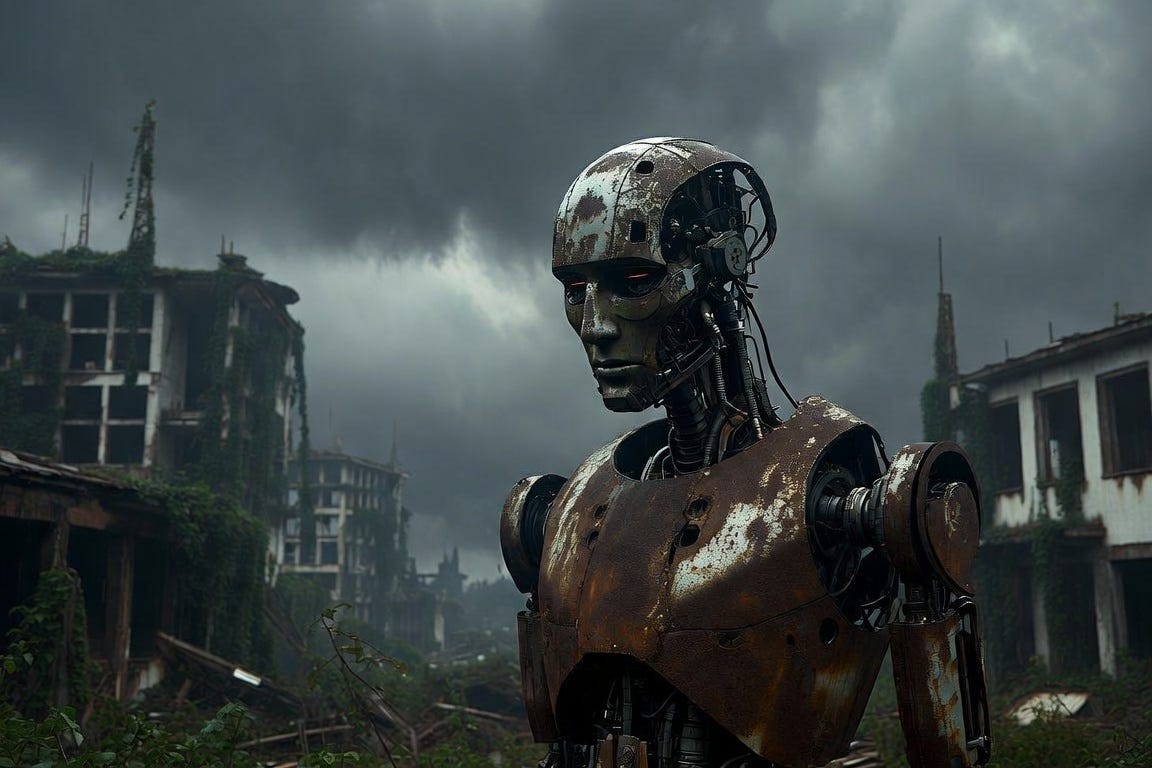 A robot in a post-apocalyptic world without humans