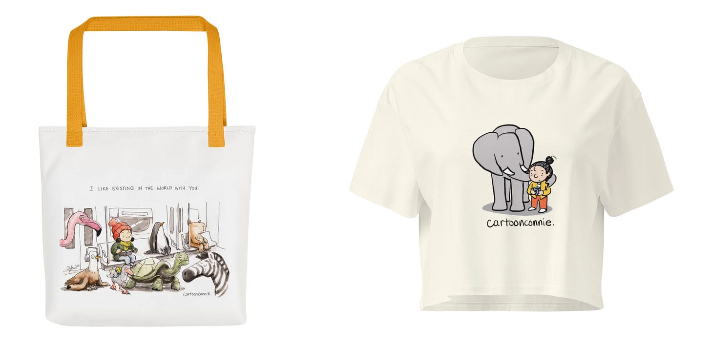 screenshot of "subway animals" illustrated tote and "elephant friend" graphic tee from cartoonconnie giftshop