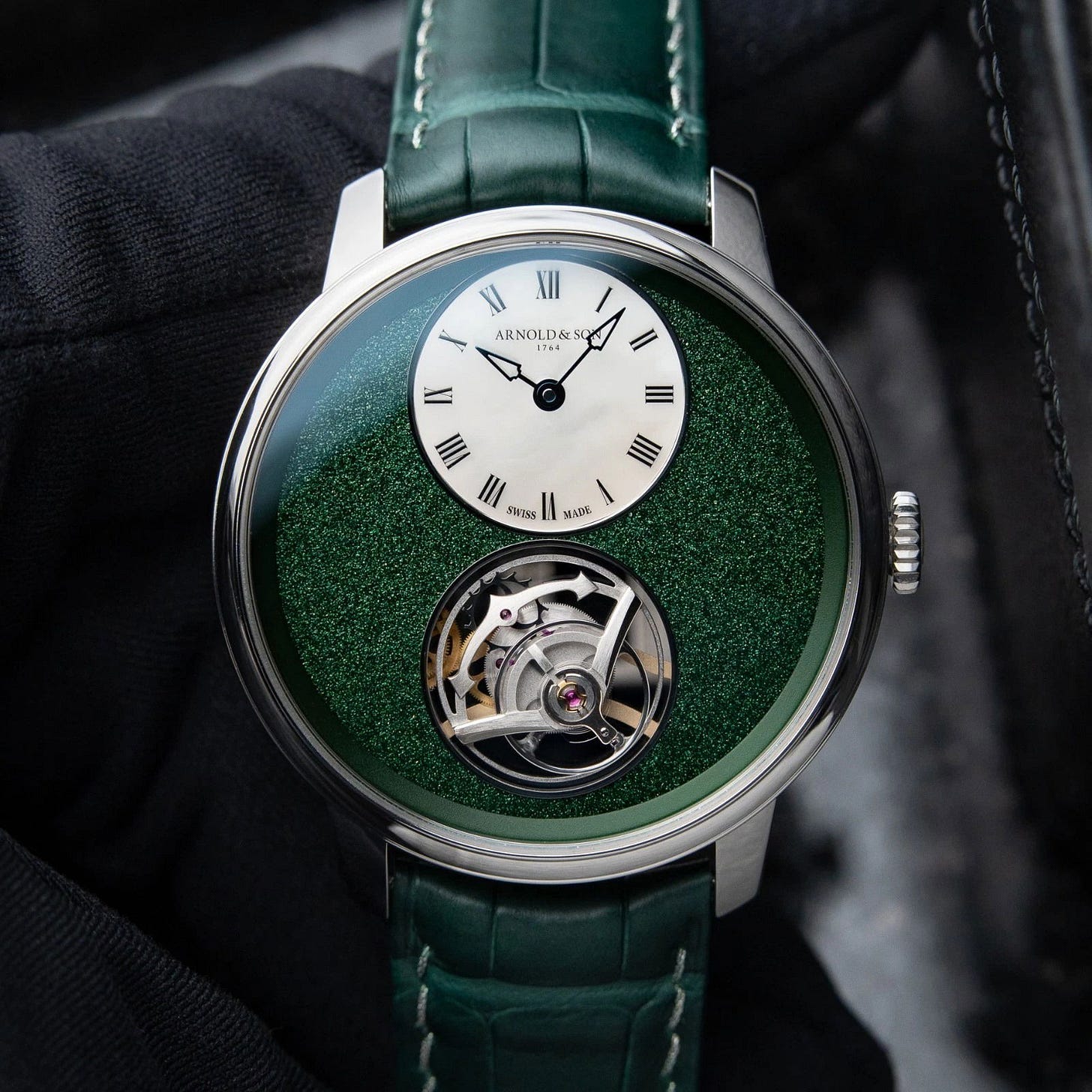 Arnold & Son Chronometry Ultrathin Tourbillon 41.5 Platinum / MOP/Green / Roman / Strap - Limited to 28 Pieces 1UTBX.F01A.C208A Listing Image 1 Arnold & Son Chronometry Ultrathin Tourbillon 41.5 Platinum / MOP/Green / Roman / Strap - Limited to 28 Pieces 1UTBX.F01A.C208A Listing Image 1
