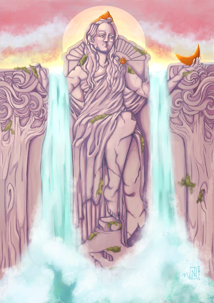 A drawing of a statue of a woman sitting on a throne. She is a decorative covering to a dam and water flows over her arms draped like curtains. She holds a moon in her left hand, her right hand has crumbled and fallen away. SHe wears a crown of bronze mountain, a bronze north start on her left shoulder, and the moon in her left hand is also bronze. She sits on a throne and trees sit behinds her as relief designs carved in the stone. Moss covers the stone is various places, the sun sits behind her and creates a halo. Her left foot has also crumbled and fallen away and cracks can be seen through her body.