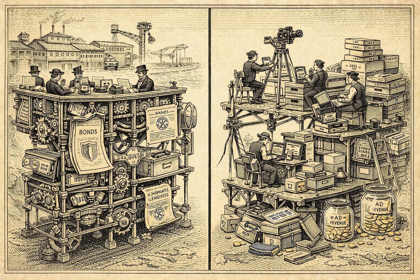 Diptych engraving comparing Hollywood’s full production finance infrastructure with the self-funded and improvised capital structure behind creator television businesses. Diptych engraving comparing Hollywood’s full production finance infrastructure with the self-funded and improvised capital structure behind creator television businesses.