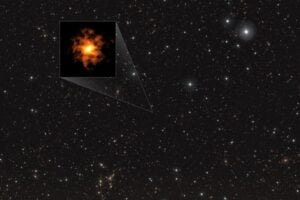 This image shows the galaxy REBELS-25 as seen by the Atacama Large Millimeter/submillimeter Array (ALMA), overlaid on an infrared image of other stars and galaxies. The infrared image was taken by ESO’s Visible and Infrared Survey Telescope for Astronomy (VISTA). In a recent study, researchers found evidence that REBELS-25 is a strongly rotating disc galaxy existing only 700 million years after the Big Bang. This makes it the most distant and earliest known Milky Way-like galaxy found to date.
