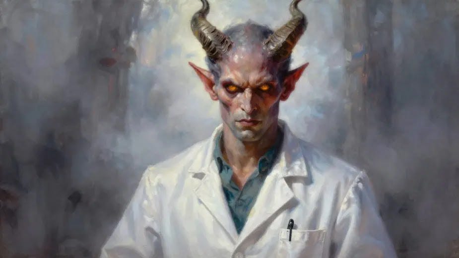 A striking painting of a horned figure, embodying Iatrophobia, portraying a terrifying demon doctor in a dramatic style.