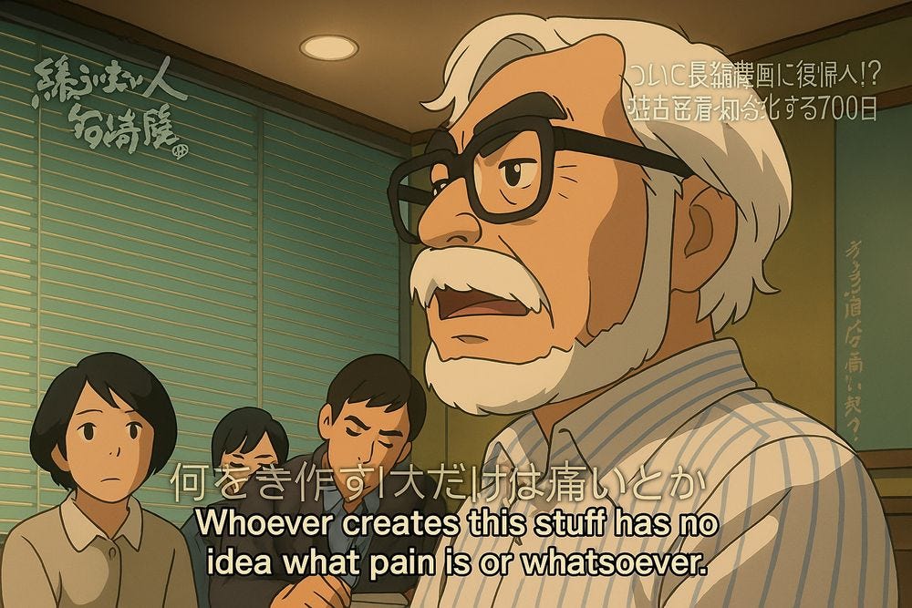 An animated scene in Studio Ghibli style showing an elderly man with white hair, a beard, and glasses speaking seriously in a meeting room with horizontal blinds. Three younger individuals sit in the background, one of them taking notes. Subtitles in both English and Japanese overlay the image, reading: “Whoever creates this stuff has no idea what pain is or whatsoever.”