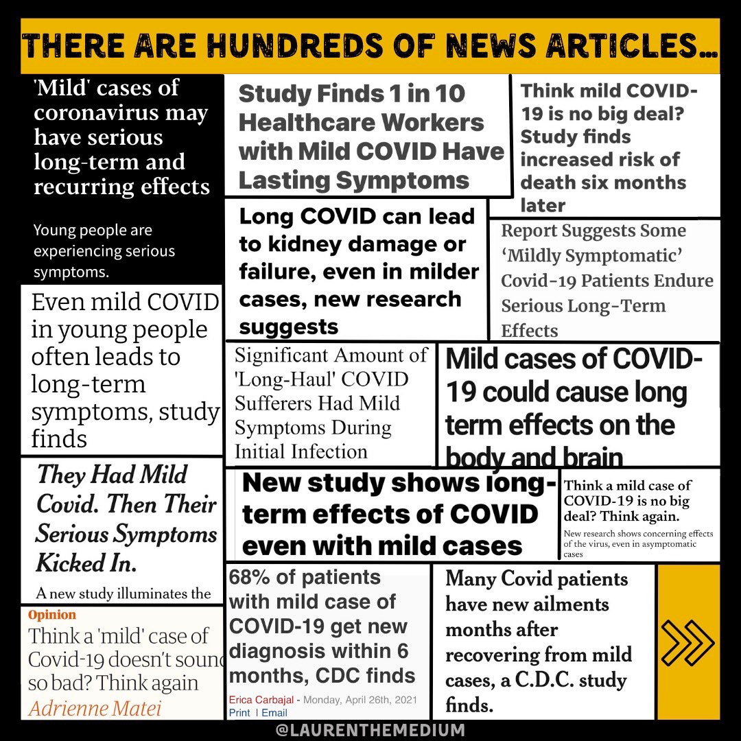 by @laurenthemedium text says there are hundreds of news articles and it is a collage of long covid related headlines as follows. Mild cases of coronavirus may have serious long term and recurring effects. young people are experiencing serious symptoms. Even mild covid in young people often leads to long-term symptoms study finds. they had mild covid then their serious symptoms kicked in a new study illuminates. think a mild case of covid-19 doesn’t sound so bad? think again. Adrienne Matei. Study finds 1 in 10 healthcare workers with mild covid have lasting symptoms think mild covid-19 is no big deal? study finds increased risk of death six months later. Long covid can lead to kidney damage or failure even in milder cases new research suggests. report suggests some mildly symptomatic covid-19 patients endure serious long-term effects. Significant amount of Long-Haul covid sufferers had mild symptoms during initial infection. Mild cases of covid-19 could cause long term effects on the body and brain. New study shows long-term effects of covid even with mild cases. Think a mild case of covid-19 is no big deal? think again. New research shows concerning effects of the virus even in asymptomatic cases. 68 percent of patients with mild case of covid-19 get new diagnosis within 6 months CDC finds. Erica Carbajal Monday April 26th 2021. Many covid patients have new ailments months after recovering from mild cases, a CDC study finds. by @laurenthemedium text says there are hundreds of news articles and it is a collage of long covid related headlines as follows. Mild cases of coronavirus may have serious long term and recurring effects. young people are experiencing serious symptoms. Even mild covid in young people often leads to long-term symptoms study finds. they had mild covid then their serious symptoms kicked in a new study illuminates. think a mild case of covid-19 doesn’t sound so bad? think again. Adrienne Matei. Study finds 1 in 10 healthcare workers with mild covid have lasting symptoms think mild covid-19 is no big deal? study finds increased risk of death six months later. Long covid can lead to kidney damage or failure even in milder cases new research suggests. report suggests some mildly symptomatic covid-19 patients endure serious long-term effects. Significant amount of Long-Haul covid sufferers had mild symptoms during initial infection. Mild cases of covid-19 could cause long term effects on the body and brain. New study shows long-term effects of covid even with mild cases. Think a mild case of covid-19 is no big deal? think again. New research shows concerning effects of the virus even in asymptomatic cases. 68 percent of patients with mild case of covid-19 get new diagnosis within 6 months CDC finds. Erica Carbajal Monday April 26th 2021. Many covid patients have new ailments months after recovering from mild cases, a CDC study finds.
