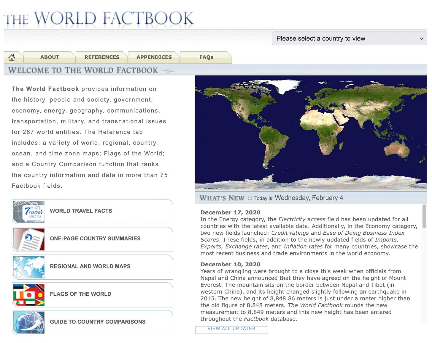 Screenshot of the CIA World Factbook website homepage. Header reads 