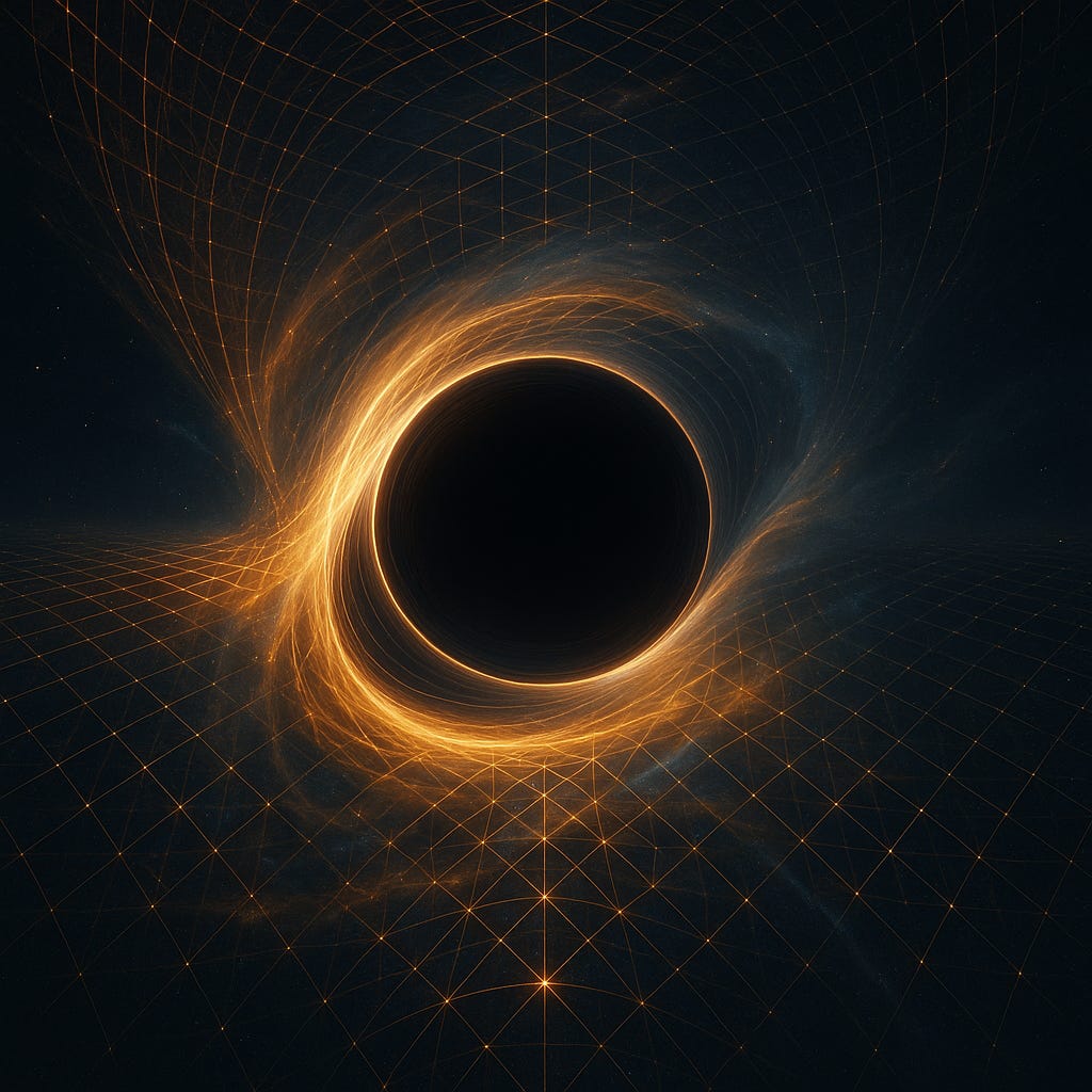 A luminous black hole sits at the centre of an intricate golden lattice, pulling curved streams of light into its event horizon. The glowing grid stretches across space like a cosmic filtration mesh, emphasising the black hole’s selective, rule-bound structure against a star-speckled dark background.
