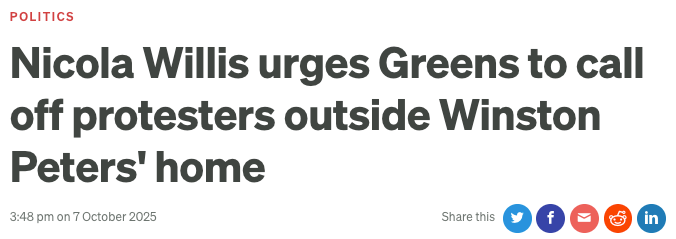 Headline: "Nicola Willis urges Greens to call off protesters outside Winston Peters' home."