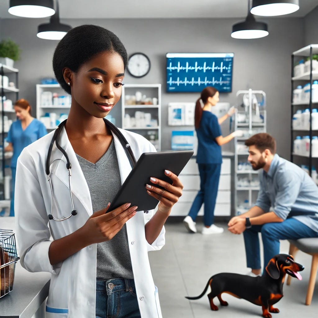 A modern veterinary clinic scene showcasing operational efficiency. A black female veterinarian is holding a tablet in her hand, focused on her work, with no text visible on the screen. The clinic background includes neatly organized shelves of medical supplies and equipment. A calm pet owner sits comfortably with a happy dachshund nearby, while other clinic staff move efficiently in the background. The setting is clean, bright, and professional, emphasizing advanced technology and a welcoming atmosphere.