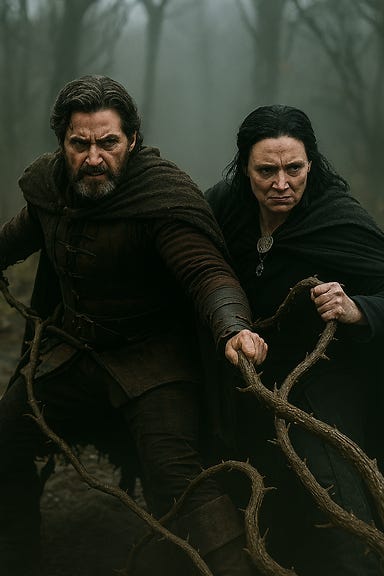 A dramatic gothic fantasy scene showing Fleetwood and Clarion resisting being pulled into a trap in the forest road by twig blights. Fleetwood is visually based on Richard Armitage—tall, rugged, with dark hair and a weathered cloak. He grips a longsword, bracing against twisted vine-like limbs dragging at his legs. Clarion is visually based on Gwendolyne Christie with black hair—tall, radiant, and fierce. Her charm glows with golden light as she resists the pull, one hand reaching toward Fleetwood, the other casting radiant energy against the blights. The forest is misty and hostile, with twisted trees and a gaping pit in the road. The blights are humanoid but made of bark and thorns, clawing from the soil. The lighting is moody, with shafts of light breaking through the canopy.