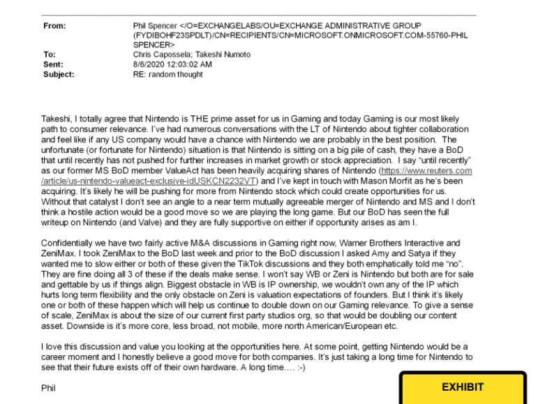 Phil Spencer email about acquiring Nintendo