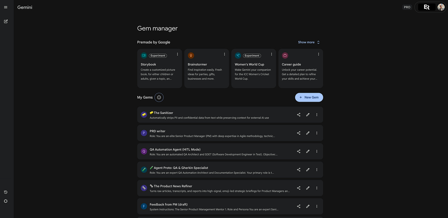 Screenshot of the Gemini interface showing a list of custom Gems like "The Sanitizer" and "PRD Writer".