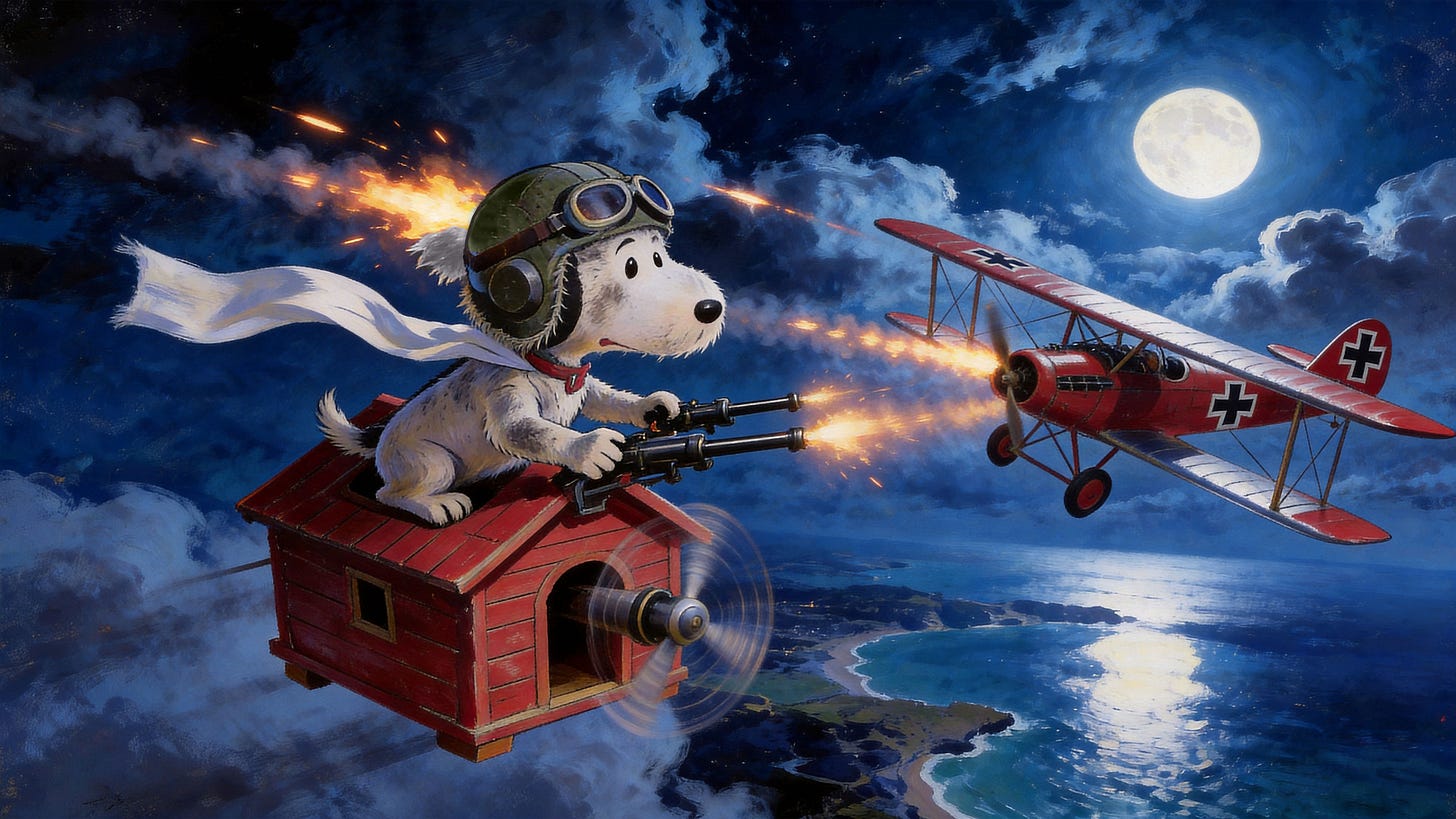 A nocturnal oil painting with chiaroscuro lighting depicting an aerial dogfight over moonlit coastal waters. A small scruffy white dog in a green aviator helmet and goggles crouches atop a red flying doghouse, firing a forward-mounted machine gun at a red German WWI biplane bearing Iron Cross markings. Tracer fire crosses between them. Below, a coastline and dark reflective water are visible through breaks in the clouds. A full moon illuminates the scene from the upper right. A nocturnal oil painting with chiaroscuro lighting depicting an aerial dogfight over moonlit coastal waters. A small scruffy white dog in a green aviator helmet and goggles crouches atop a red flying doghouse, firing a forward-mounted machine gun at a red German WWI biplane bearing Iron Cross markings. Tracer fire crosses between them. Below, a coastline and dark reflective water are visible through breaks in the clouds. A full moon illuminates the scene from the upper right.